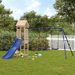 Aire de Jeux Maisonnette de jeu avec toboggan balançoires - Maison de jeu - bois massif de pin