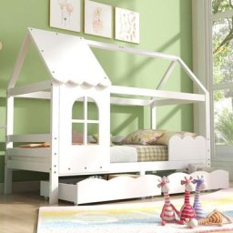 Lit cabane enfant en bois 90x200 cm avec protection antichute 2 tiroirs de rangement sommier