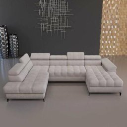 Sally - Canapé d'angle panoramique convertible avec coffre en tissu beige - Angle droit - Beige