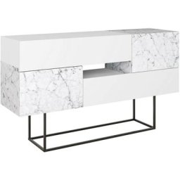 Console 2 portes et 2 tiroirs Coronis Métal Noir et Bois Blanc et Blanc effet marbre - Blanc