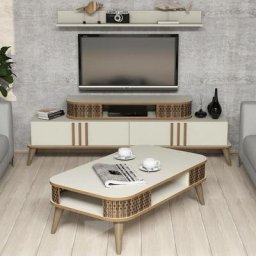 Ensemble meuble tv, table basse et étagère Chanez Chêne et Blanc crème - Crème