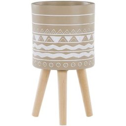 Cache-Pot Support Plantes Beige avec 3 Pieds en Bois 25 cm de Diamètre Motif Ethnique Peint à la