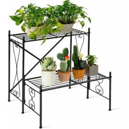 Tagère à Fleurs à 2 Étages, Porte-Fleurs en Fer Forgé avec Coussin Antidérapant et Structure Stable