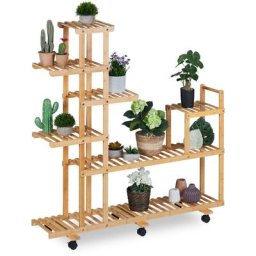 Tagère à plantes, avec 7 emplacements, en bambou, roulettes, hlp : env. 127 x 120 x 36 cm,