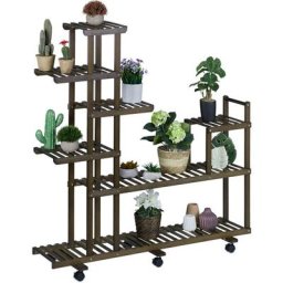 Relaxdays Étagère à plantes, avec 7 emplacements, en bambou, roulettes, HLP : env. 127 x 120 x 36