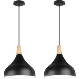 Lot de 2 suspension en métal et bois, lustre abat-jour ø 20cm luminaire E27 60W, Noir