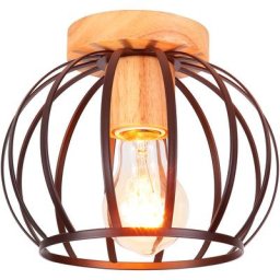 Vintage Plafonnier Industrielle Design forme Cage 20cm Noir, Lampe de Plafond en Bois Métal