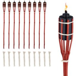 Relaxdays - Torche jardin, lot de 10, bambou, lampe à huile pour dehors, avec mèches de rechange,