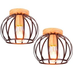 Vintage Plafonnier Industrielle Design forme Cage 20cm Noir, Lampe de Plafond en Bois Métal