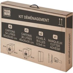Kit de déménagement - 2 rouleaux films à bulles - 8 grands cartons 54L 60x30x30cm - 5 cartons 36L