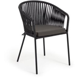 Chaise de salle à manger Yanet noire avec accoudoirs en corde en polyester et pieds en acier noir