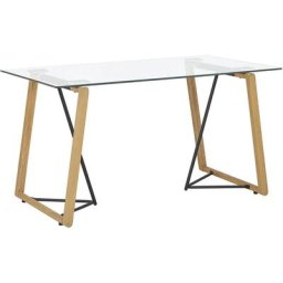 Table de Salle à Manger Design 140 x 80 cm Plateau en Verre de Sécurité et Pieds Métalliques Effet
