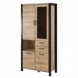 Vitrine haute XL collection BOWIE. Couleur chêne et noir. LED incluses - Marron - Bois
