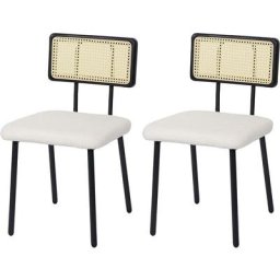 Ensemble de 2 chaises de salle à manger cuisine en métal poly-rotin bois et tissu/textile blanc