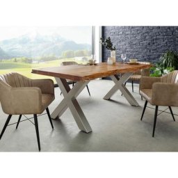 Table à manger 220x100 en bois d'acacia brun pieds en x gris freeform 5 - natur