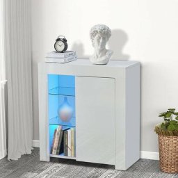 Buffet Moderne avec lumières led Blanc Brillant et Mat, 1 Porte de Couleur Mate Ultra-Brillante