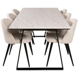 EstelleWHBL ensemble table, table blanc, marbre et 6 Velvet chaises Velours côtelé beige, noir.