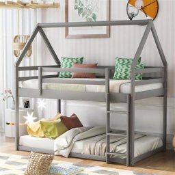 Lit Cabane 90x200cm - Lit Simple pour 2 enfant - Lit Superposé en Bois avec échelle - Lit de Maison