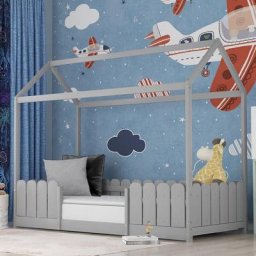 Lit cabane enfant 90 x 200 cm - Bois pin massif Gris - Sommier inclus - Style scandinave - Gris