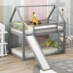 Lit Cabane Enfant 90 x 200 cm Lit Superposé avec Toboggan et échelle, Gris