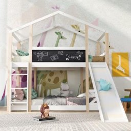 Lit cabane enfant 90 x 200cm - avec toboggan, échelle, tableau noir, sommier à lattes pour deux