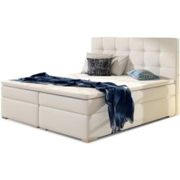 Lit coffre boxspring simili cuir blanc avec matelas et surmatelas Kavin - Couchage 140x200 cm