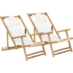 2 Transats Chaises Chiliennes Pliantes et Réglables en Bambou Clair et Tissue Blanc Cassé avec