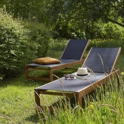 Bain de soleil en acacia massif fsc et textilène noir (lot de 2) - Marron
