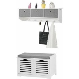 SoBuy FRG282-W + FSR23-K-W Meuble d'Entrée Ensemble Portemanteau Mural 3 Tiroirs + Banc de