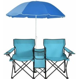 Goplus - Chaise de Camping Pliante 2 Places avec Parasol, Fauteuil Camping Extérieur avec Poche,