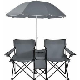 Goplus - Chaise de Camping Pliante 2 Places avec Parasol, Fauteuil Camping Extérieur avec Poche,
