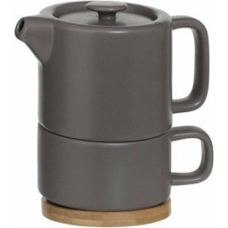 Théière + tasse en faïence et bambou - taupe - Contenance 0.4L - Livraison gratuite - Taupe