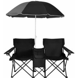 Goplus - Chaise de Camping Pliante 2 Places avec Parasol, Fauteuil Camping Extérieur avec Poche,