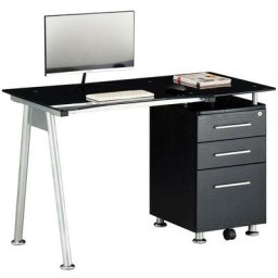 Bureau avec tiroirs Table d'ordinateur Acier, bois et verre Noir