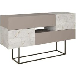 Console 2 portes et 2 tiroirs Coronis Métal Noir et Bois Moka et Blanc effet marbre - Marron