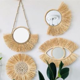 Miroir mural suspendu en paille tissée marocaine tapisserie Boho en macramé avec perles en bois