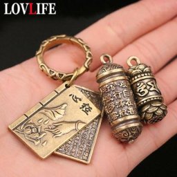 Porte-clés de livre Sutra chinois bijoux suspendus cuivre pur vintage bouddhiste Mantra Om Mani