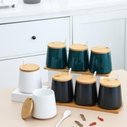 Ensemble de pots à épices en céramique bocal de stockage de condiments Escalade de bambou