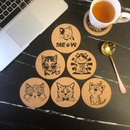 Cork Coaster Engraved Cute Cat Design Tea Coffee Mug Drinks Holder for Kitchen Natural Wooden Mat