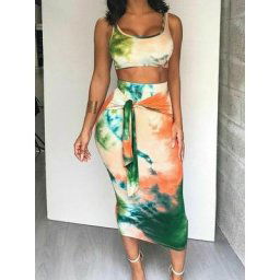 Ensemble de 2 pièces pour femmes Sexy style Boho gilet court motif Floral teinture par nouage