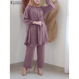 ZANZEA-Ensemble Chemisier et Pantalon Décontractés à Manches sulfpour Femme Musulmane Tenue