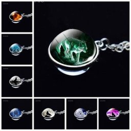 Collier pendentif boule de verre animal loup pleine lune pour femme breloques photo tête de loup