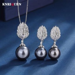 Ensembles de bijoux de luxe pour femmes collier pendentif perle noire boucles d'oreilles pour