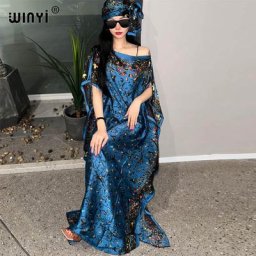 WINYI-Robe longue avec foulard pour femmes longueur 145cm imprimé bohème dashiki caftan