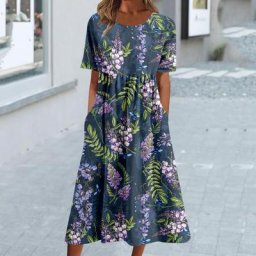 Robe mi-longue à imprimé fleuri pour femme col rond coupe adt ourlet large manches courtes
