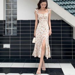 Robe maxi fendue sur le côté pour femme buste élastique imprimé floral volants patchwork dos