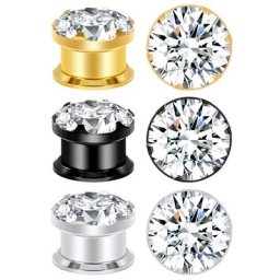 AOEDEJ-Bouchons de tunnel d'oreille en acier inoxydable extenseur d'oreille civière cristal noir