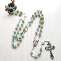 QIGO-Collier chapelet catholique en acrylique bleu pour hommes et femmes bijoux religieux vintage