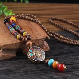 Pendentif et collier en perles de bois Mala bouddhiste ReconLong bijoux porte-bonheur de bouddha