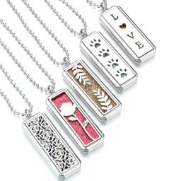 Collier Diffuseur d'Aromathérapie en Acier Inoxydable Bijoux Rectangulaire Magnétique Médaillon de